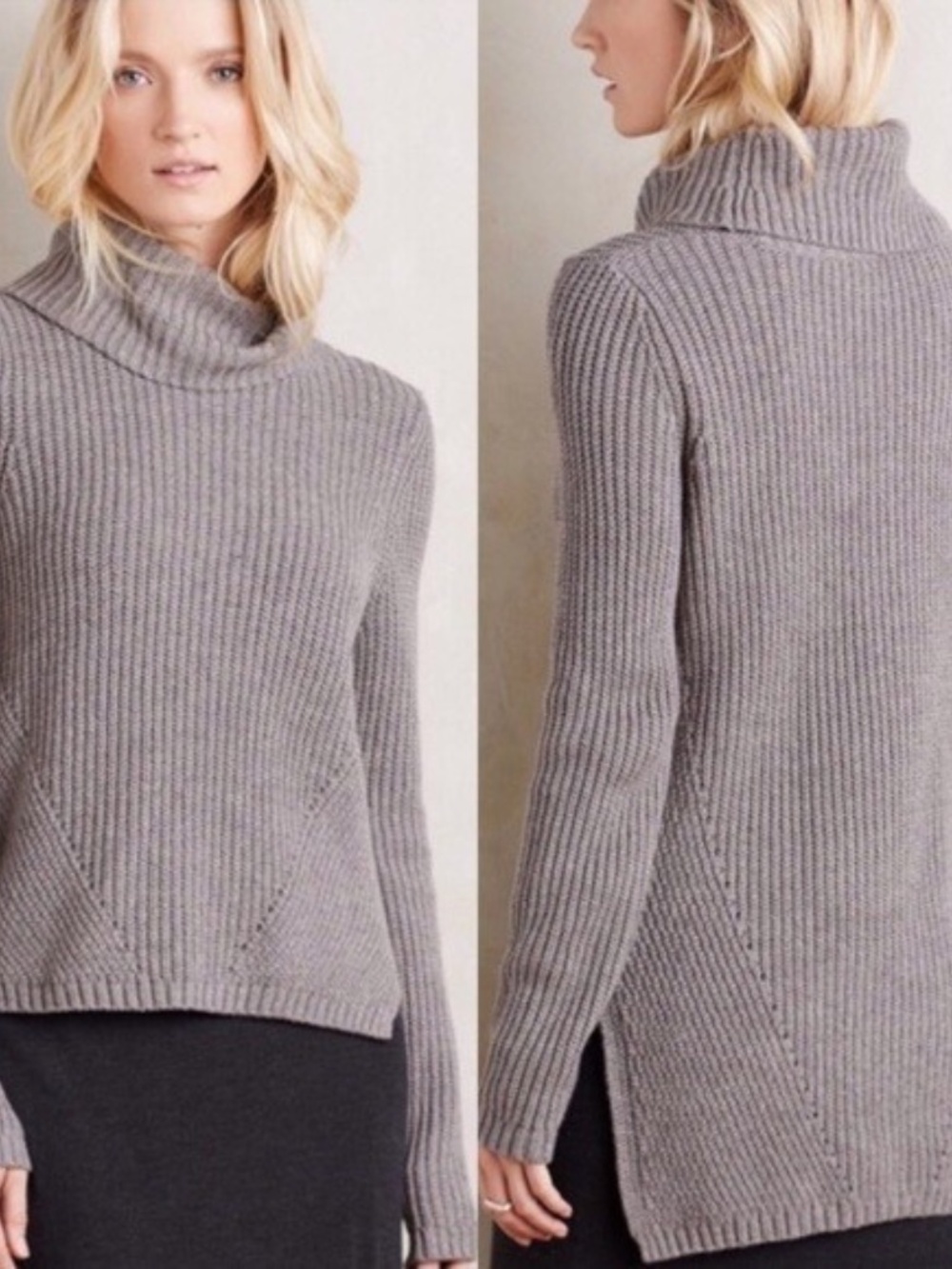 Anthropologie MOTH Gray Pointelle High Low Sweater Ribbed Cowl Neck M